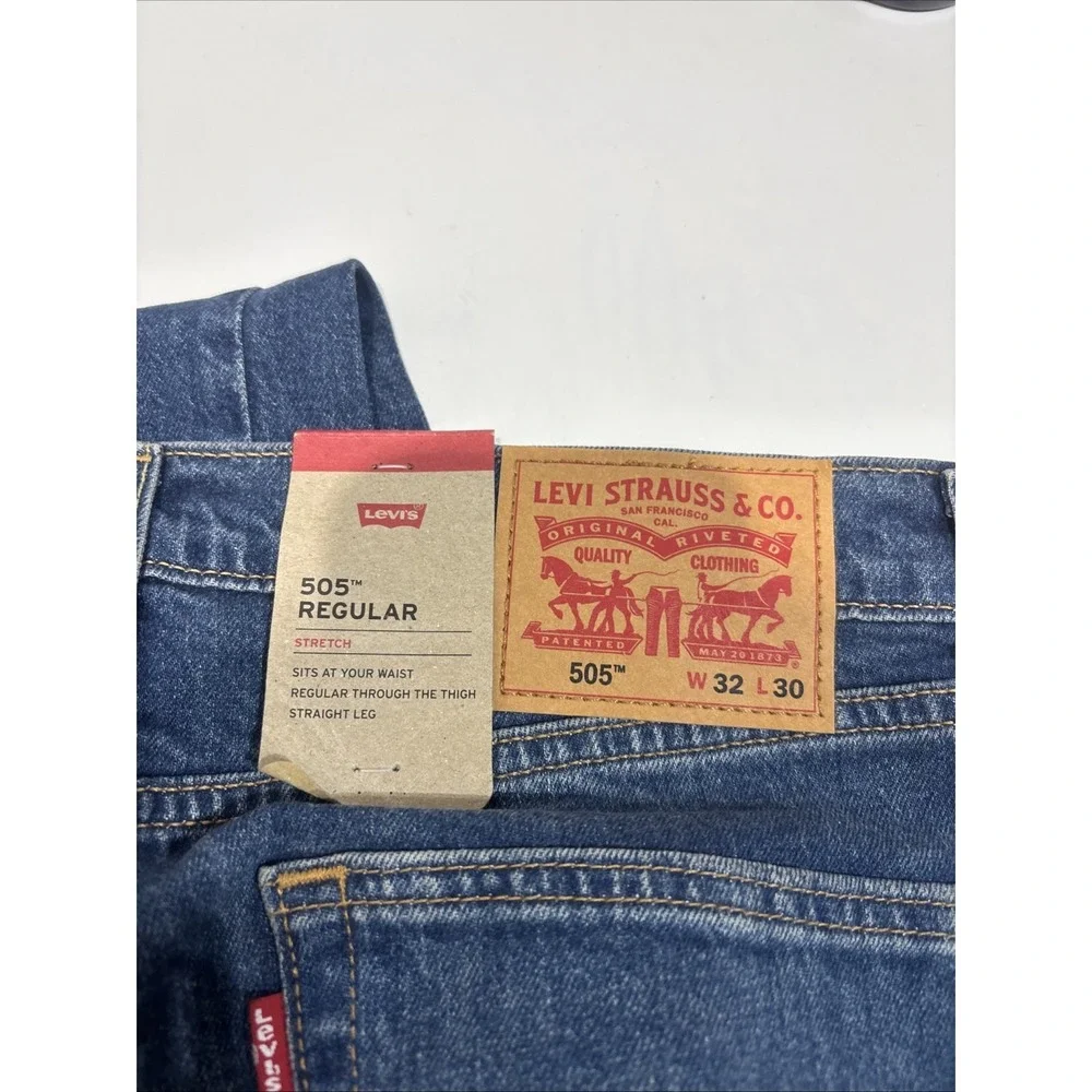 NWT Levis 505 Regular Fit Straight Leg Jeans Dark Wash Blue Stretch Mens 32X30